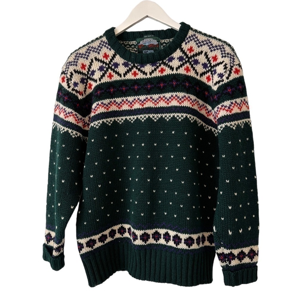 Beaver Canoe Vintage Fair Isle Wool Sweater | Nordic Pattern Crewneck Knit Sz M